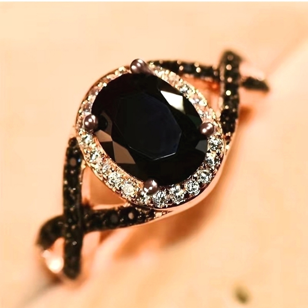 Brand New Rose Gold Black Stone Elegant Ring, Size 9
